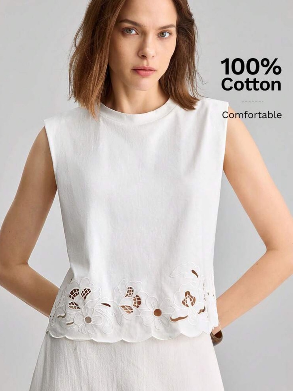 White 100% Cotton Sleeveless Cutwork embroidered eyelet hem Top